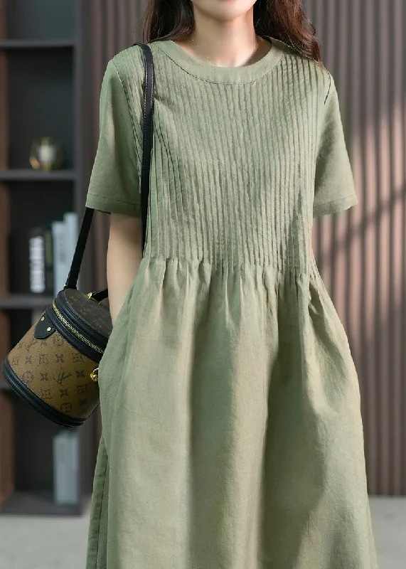 Festival Fashion DIY Green O-Neck Wrinkled Solid Linen Maxi Dress Short Sleeve