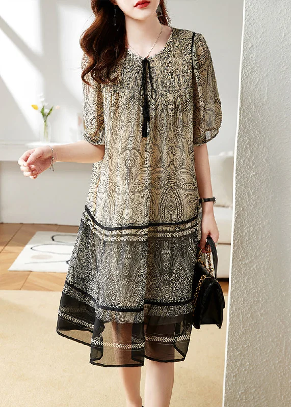 Huge Markdowns Bohemian Beige O-Neck Print Chiffon Maxi Dress Short Sleeve