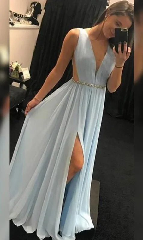 Latest Trends chic A-Line Chiffon With Sash Ribbon Belt V-neck Sleeveless Floor-Length Prom Dress  gh1799