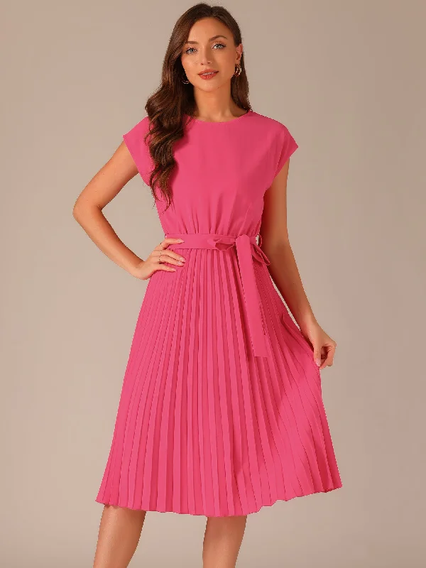 Dreamy Draping Crew Neck Sleeveless Tie Waist A-Line Pleated Dress