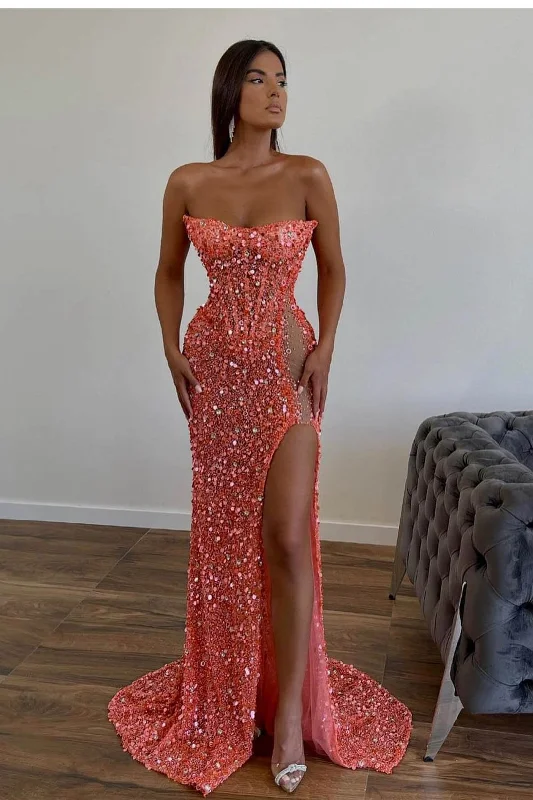 Elegant Style Orange Gorgeous Sequins Mermaid Sweetheart Prom Dress Split With Sleeveless  gh2049