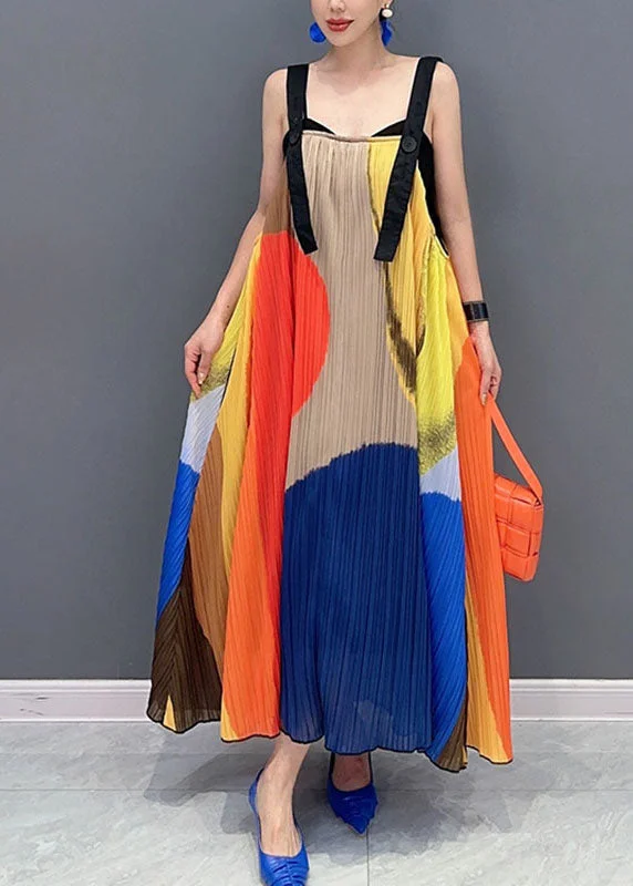 Boho - Chic Festival - Ready Style Beautiful Colorblock Slash Neck Wrinkled Maxi Dress Sleeveless