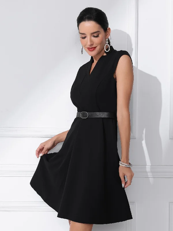 Refined Simplicity Office V Neck Work Sleeveless A-line Midi Solid Belted Dress