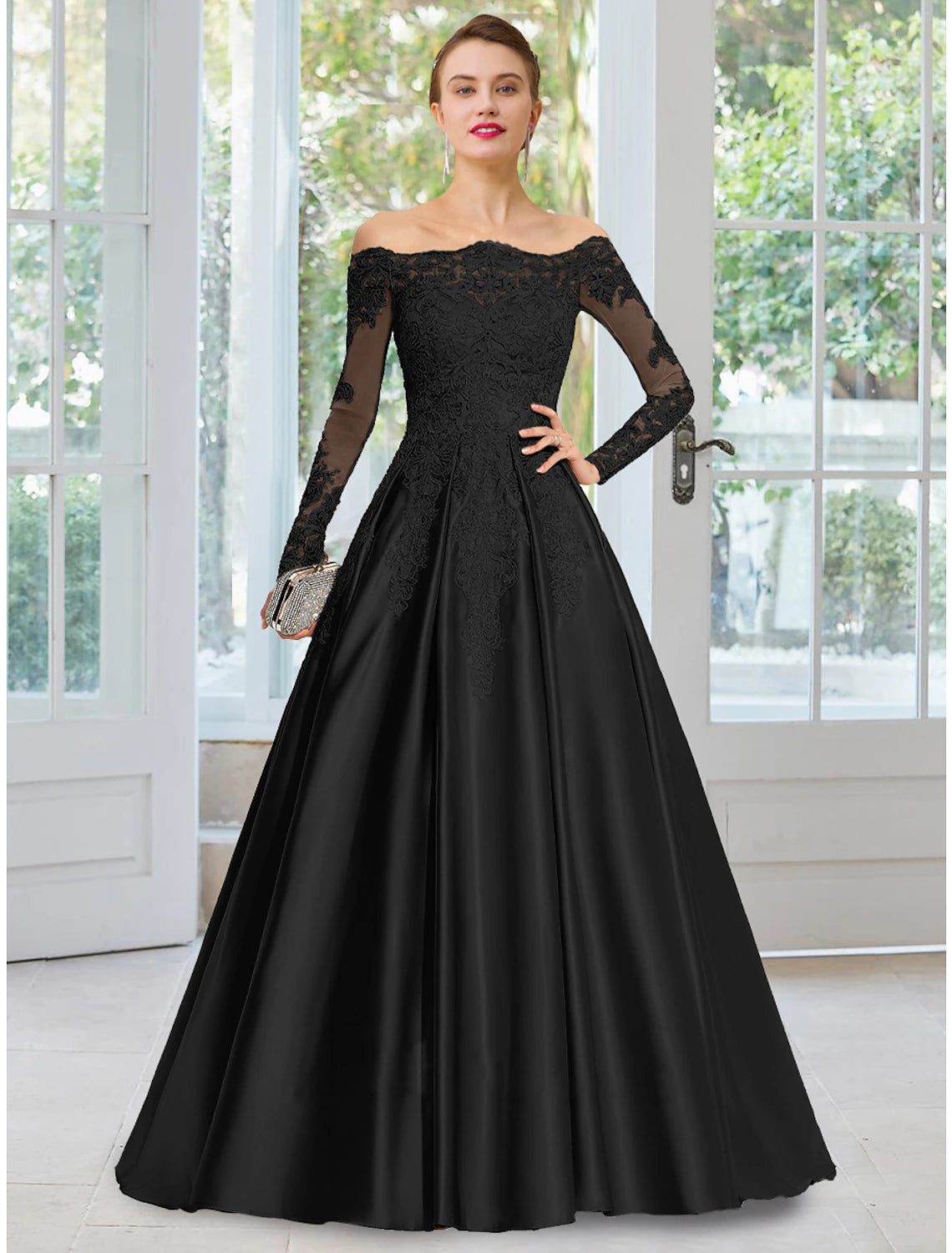 End Of Season Clearance A-Line Evening Gown Black Dress Formal Court Train Long Sleeve Off Shoulder Lace with Appliques