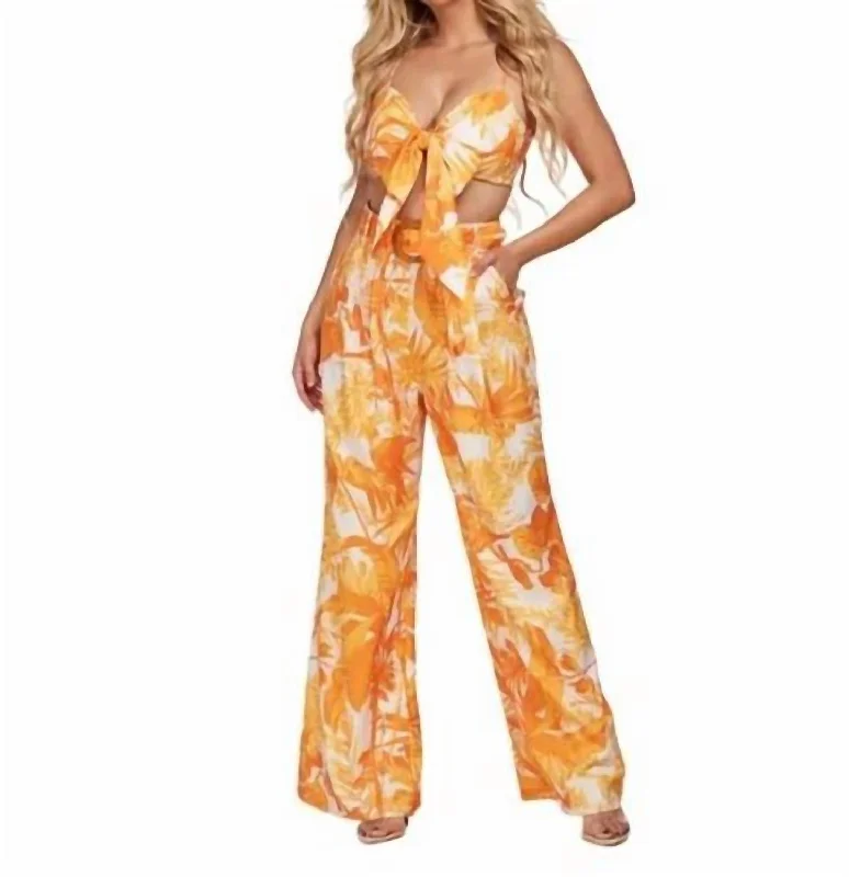 Casual Elegance Tropical Print Pant Set In Yellow & White