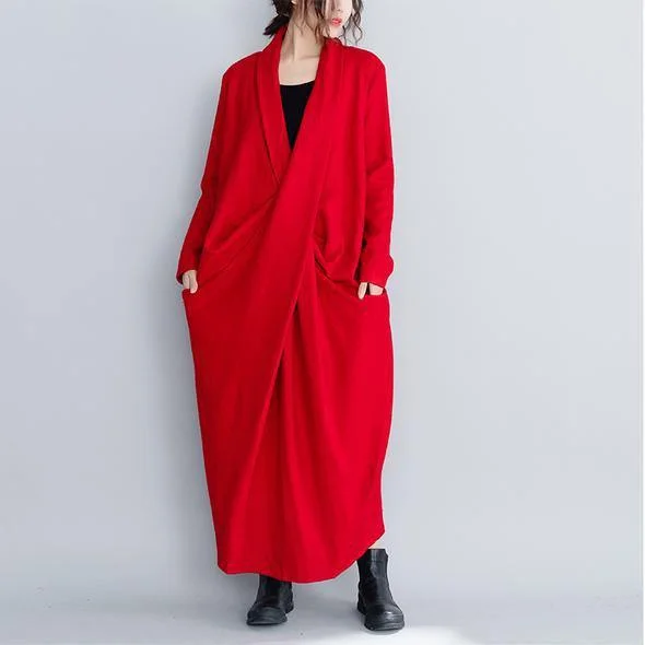 Feminine Soft - Hued Look 2024 Fashion Vintage Loose Red And Black Wool Maxi Dresses For Women