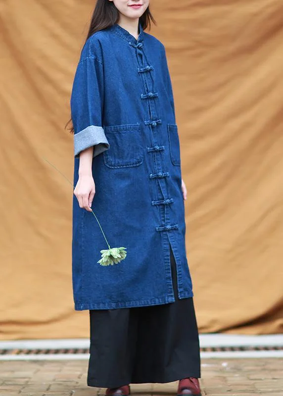 Must-Have Styles DIY denim blue tunic stand collar pockets Maxi Dress