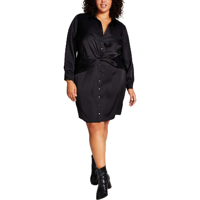 Versatile Style Wardrobe And Now This Womens Plus Satin Knot Front Shirtdress