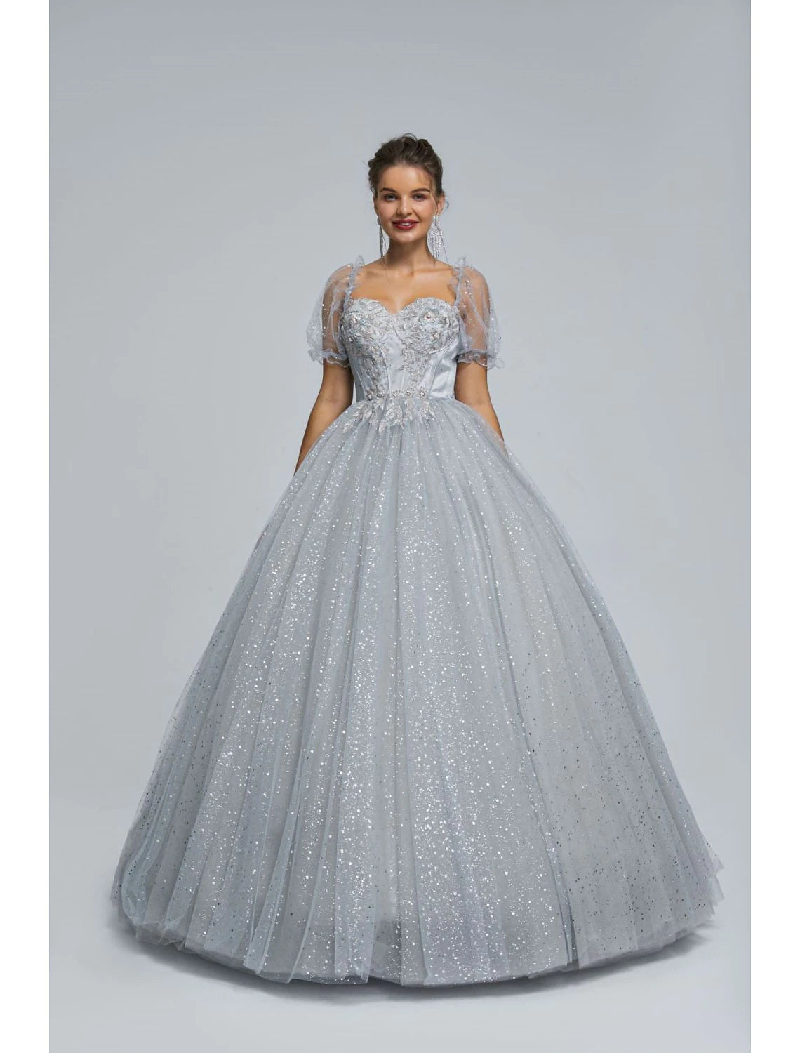 Seasonal Clearance Ball Gown Prom Dresses Princess Dress Graduation Floor Length Short Sleeve Tulle with Sequin Appliques