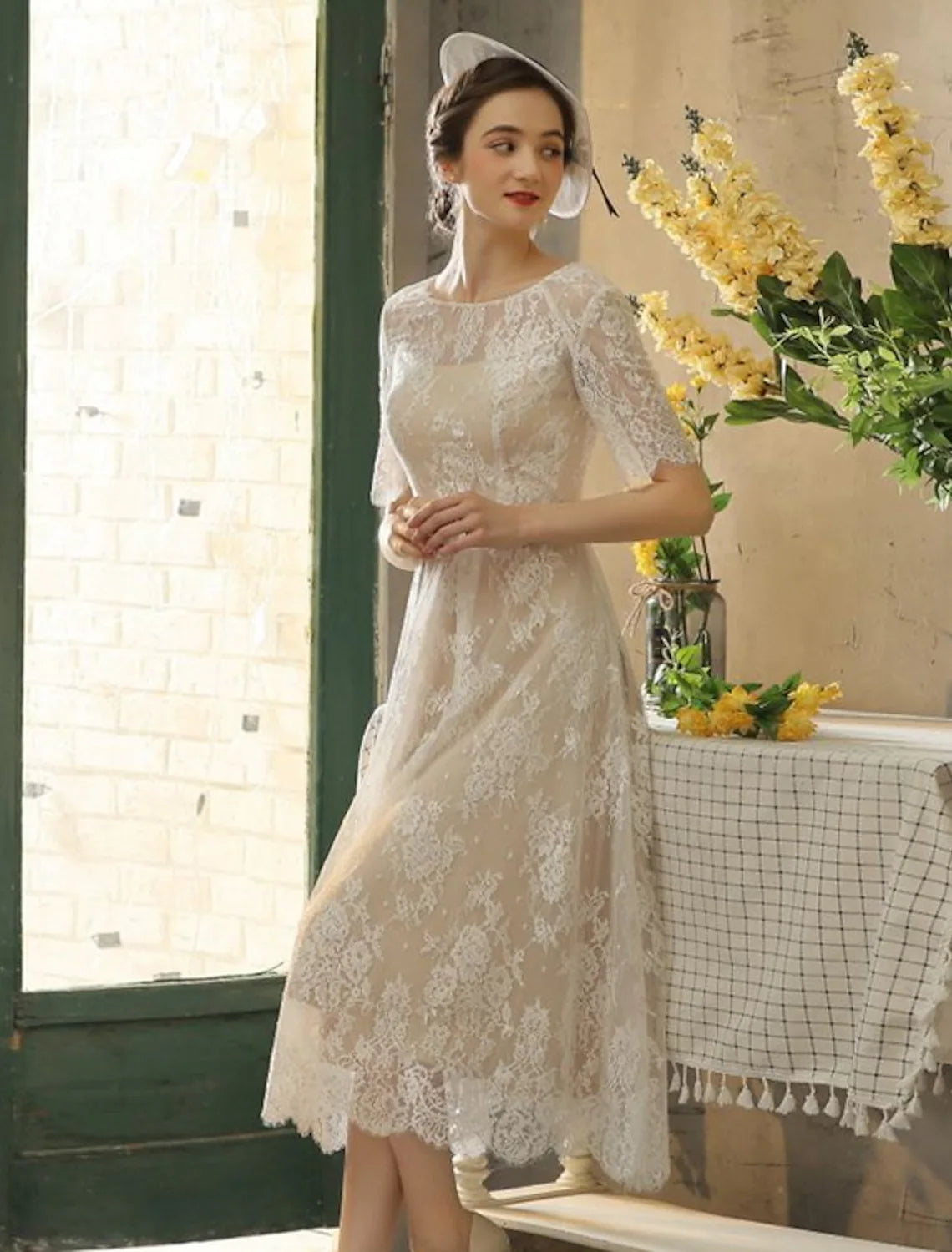 Mega Sale Bridal Little White Dresses Wedding Dresses A-Line Half Sleeve Lace With Sash Ribbon Appliques