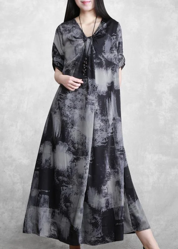 Style Upgrade Beautiful V Neck Asymmetric Quilting Clothes Design Gray Print Maxi Dress