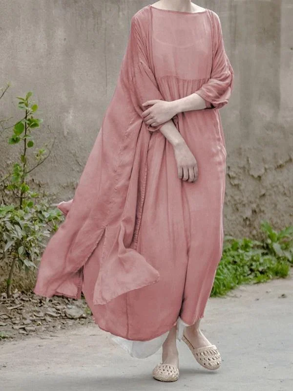 Modern Casual Clothing Simple o neck large hem clothes For Women Neckline pink Maxi Dress