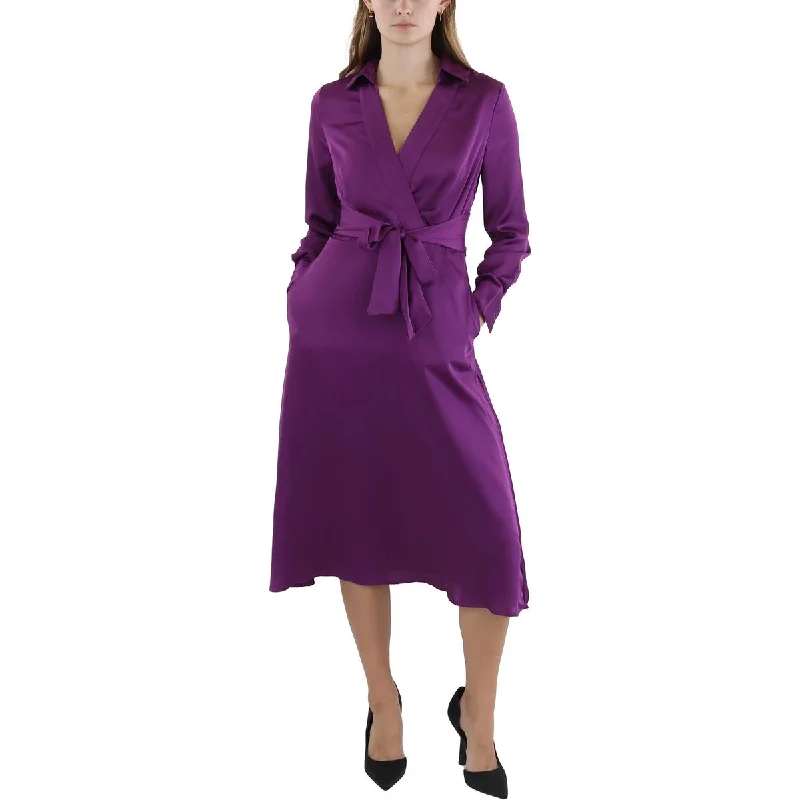 Trend Leading Collection Tahari ASL Womens Satin Belted Midi Dress