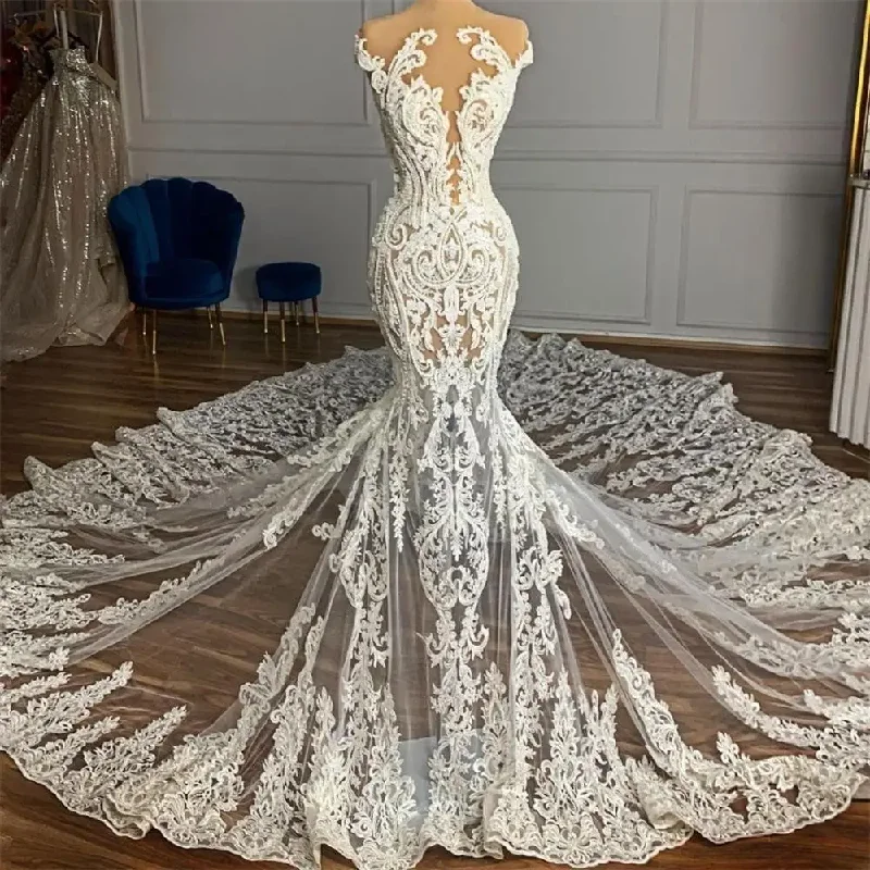 Fashion Sale Arabia Lace Transparent Wedding Dress for Women Sheer Neckline Beading Sexy Long Mermaid royal train Bridal Gowns vestidos