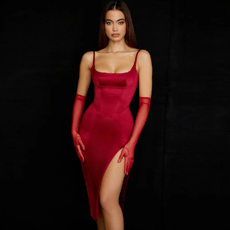 Boutique Styles Silky Satin Square Neck High Slit Cocktail Party Midi Dress - Burgundy