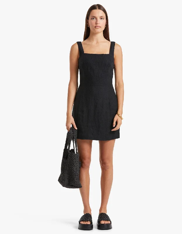 Stylish Statements Linen Square Neck Mini Dress - Black