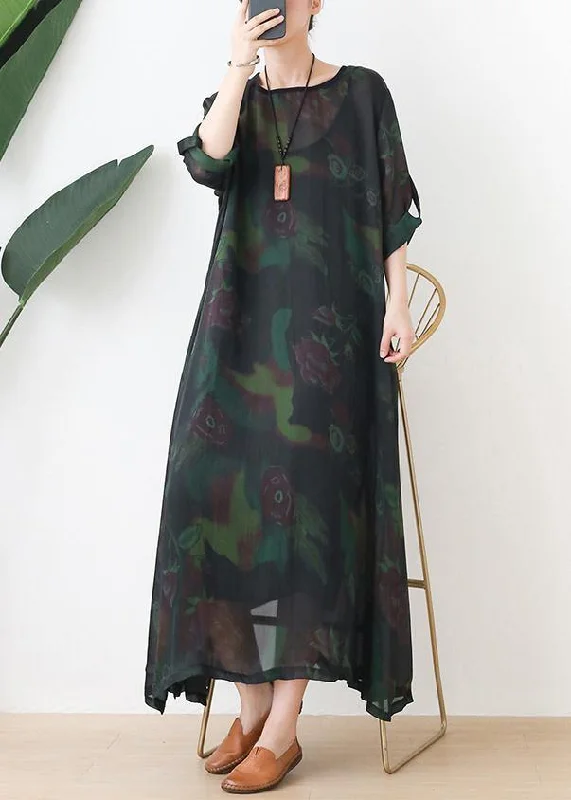 Sophisticated Outfits Loose o neck chiffon kaftans Casual green print Maxi Dresses