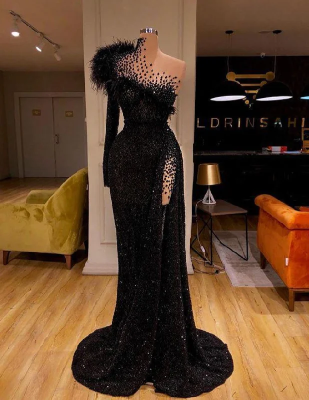 Stylish Statements Black Evening Dresses High Neck Side Split Long Sleeve Mermaid Prom Dress Feather Beaded Sexy Special Occasion Gowns M5451