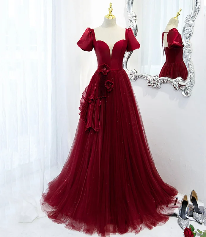 Luxe Layering Burgundy satin tulle long prom dress evening dress  10598