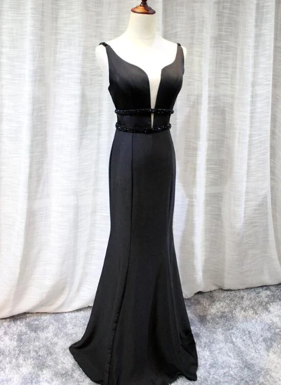 Luxe Women's Fashion Elegant Black Mermaid Satin V-Neckline Party Dress Charming Mermaid Long Formal Gowns gh593