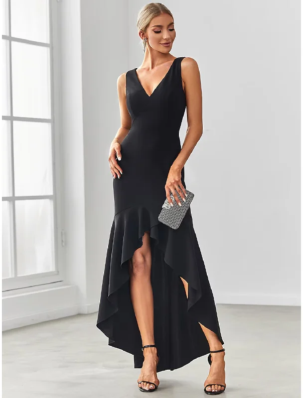 Classic Appeal Evening Gown Sexy Dress Formal Asymmetrical Sleeveless V Neck Nylon V Back with Ruffles Drapin