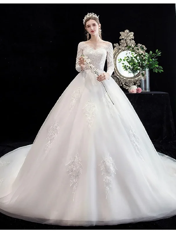 Big Discounts Engagement Formal Wedding Dresses Long Sleeve Off Shoulder Lace Beading