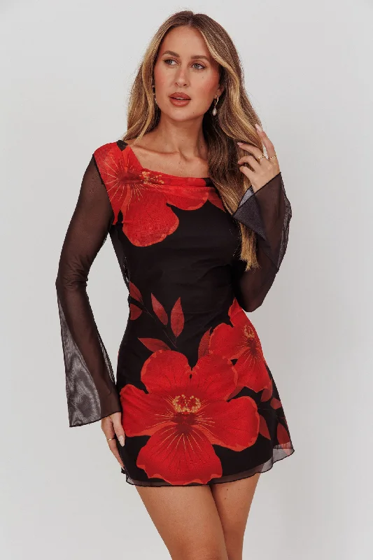 Fashion Forward Isabella Long Sleeve Backless Mini Dress Hibiscus Black