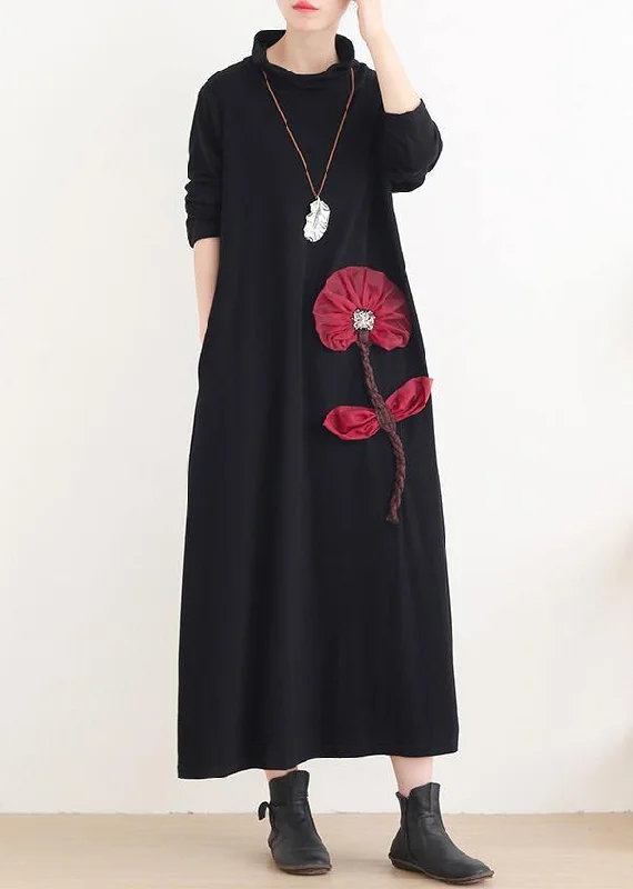 Imeless Style Simple red Lotus Long dress high neck Maxi Dress