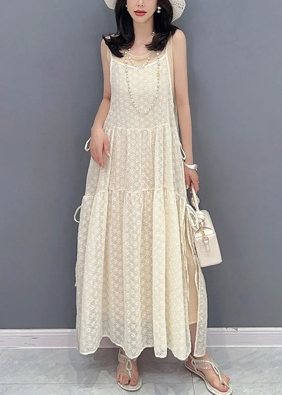 The Latest Trends Simple Beige O-Neck Print Patchwork Chiffon Maxi Dresses Summer