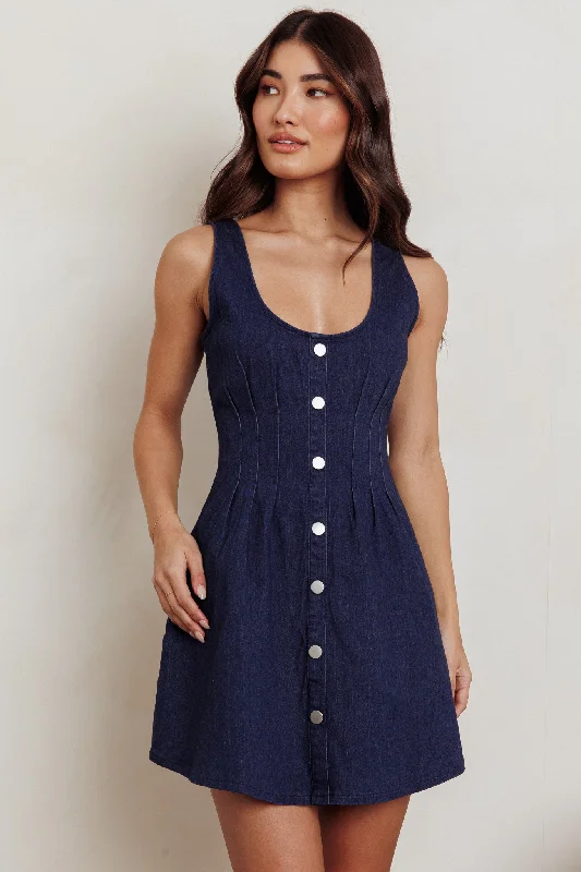 Disco - Inspired Retro Dance Look Zurich Sleeveless Denim Mini Dress Dark Blue