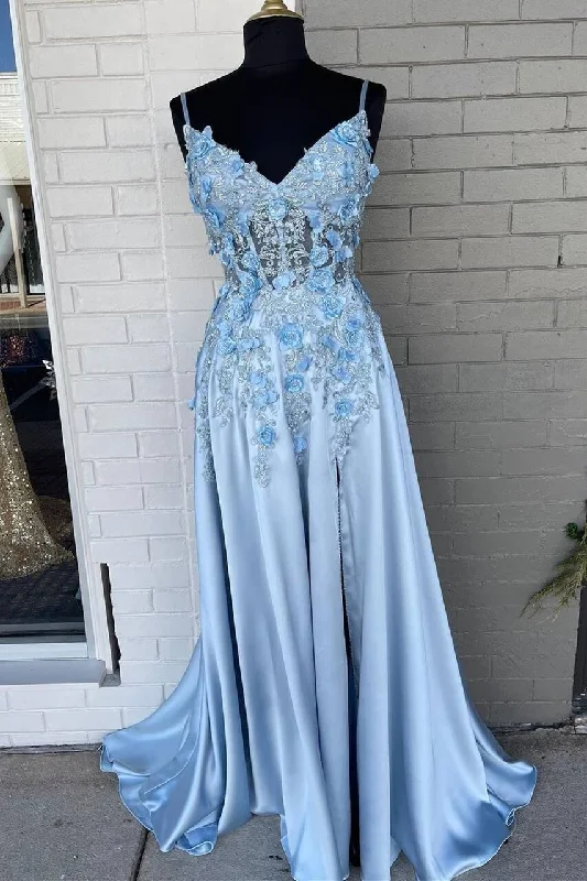 Redefining Women's Style Light Blue A-line 3D Flowers Satin Long Prom Dress gh2304