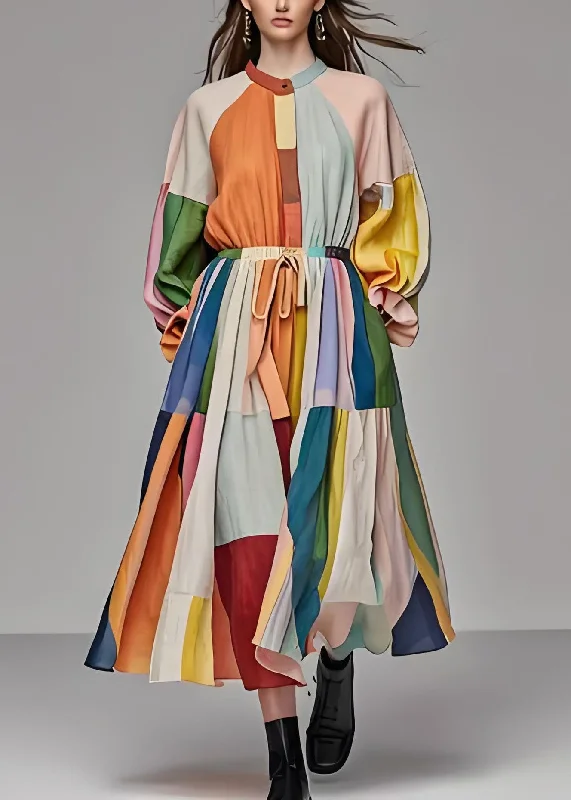 Travel Essentials Unique Colorblock Stand Collar Drawstring Cotton Maxi Dress Long Sleeve