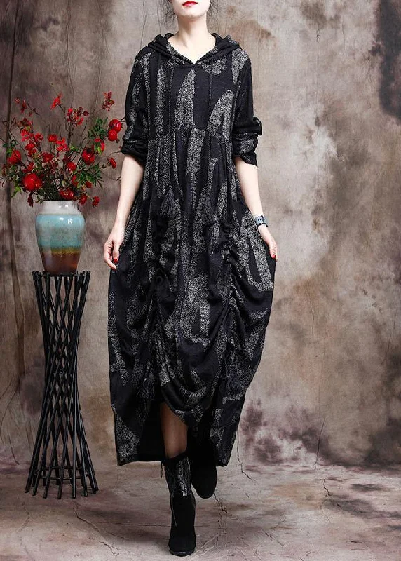 Enjoy Discount Chic Hoodie Baggy Maxi Dresses Black Print Long Dresses