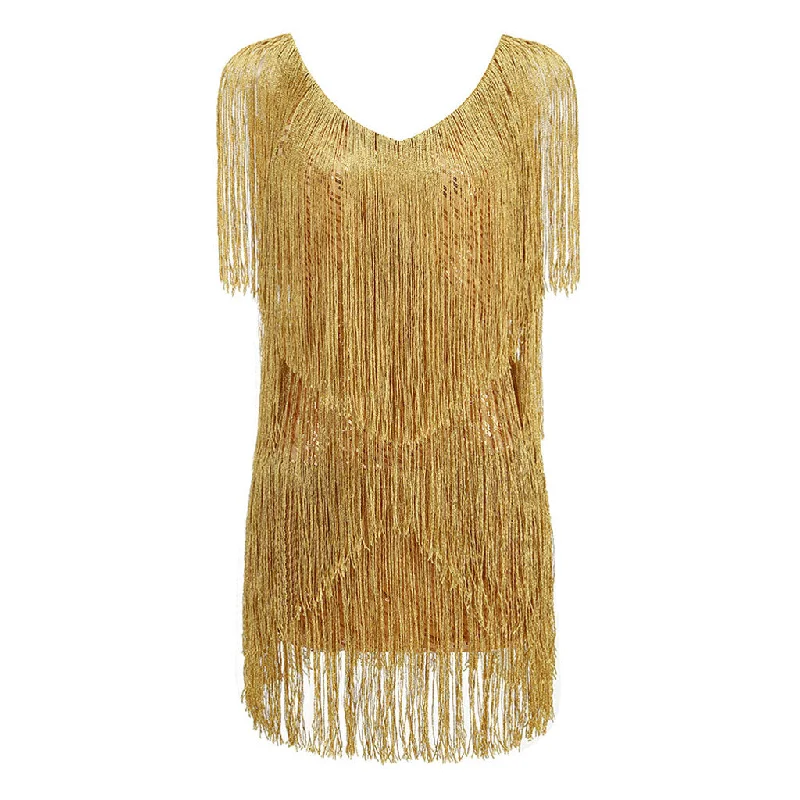 Sophisticated Outfits Shimmering Sequined V Neck Layered Fringe Sleeveless Mini Dance Party Dress