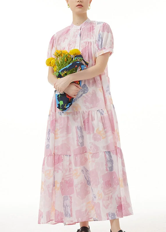 City Fashion Casual Pink Stand Collar Patchwork Maxi Dress Summer Short Sleeve