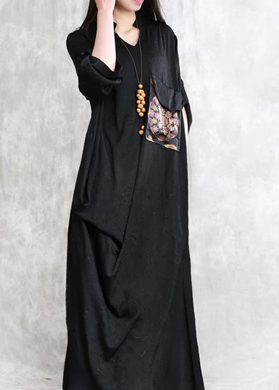 Sustainable Fashion Extravaganza Elegant Black Print Patchwork Linen Maxi Dress Half Sleeve