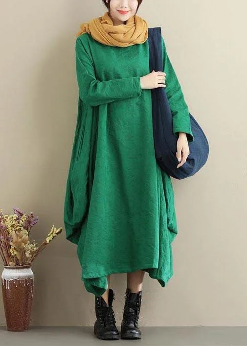 Evening Looks Vivid O Neck Asymmetric Spring Dress Sewing Green Jacquard Maxi Dresses