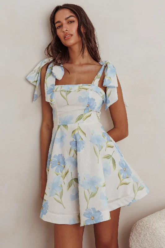 Elegant Ensemble Jeanie Tied Shoulder Mini Dress Flower Blue