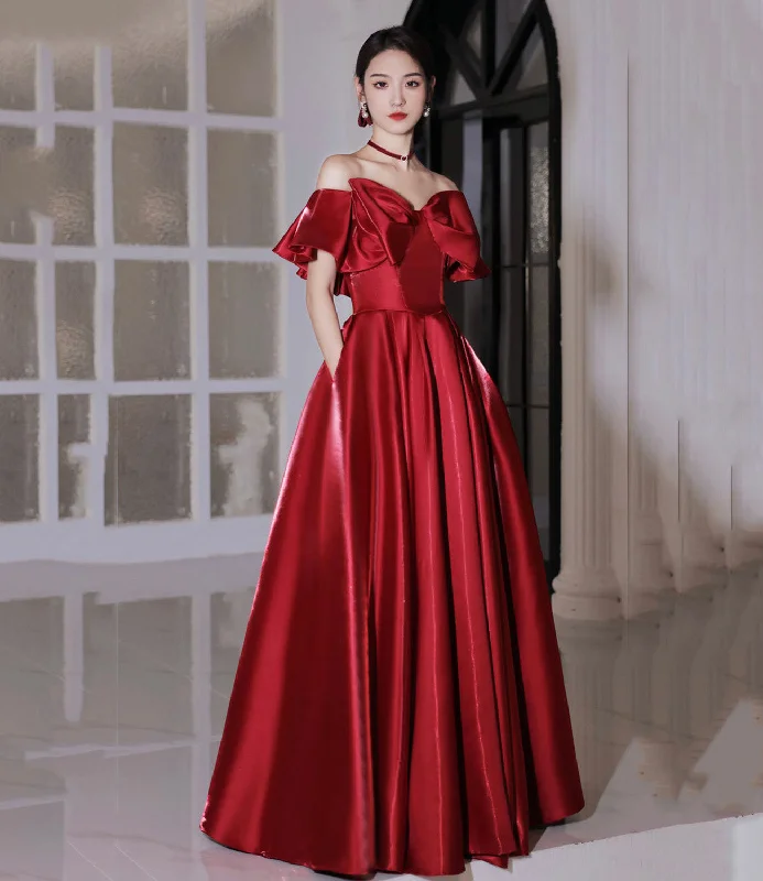 Refined Simplicity Red satin long prom dress A line evening dress  10582