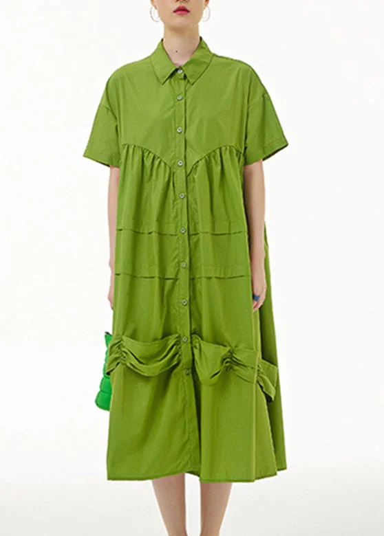 Relaxed Fashion Natural Green Wrinkled Button Maxi Dress Summer