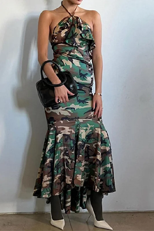 Trendy Pulse Camouflage Halter Collar Striking Ruffles Irregular Midi Dress