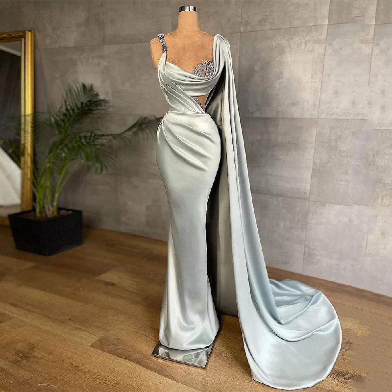 Versatile Wardrobe Essentials Mermaid Evening Dress Prom Gowns Sexy Beaded Stones Pleat Satin Formal Party Dresses with Long Shawl gh2182