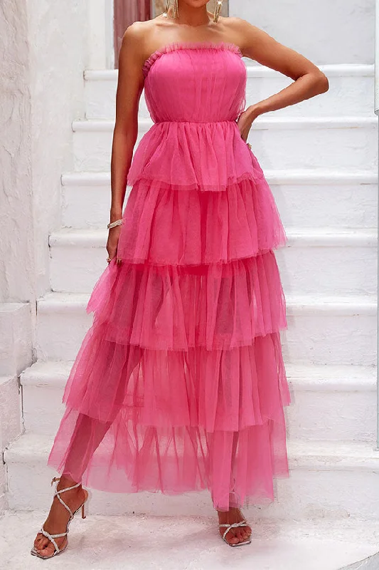 Your Timeless Wardrobe Awaits Solid Color Tulle Strapless Stunning Tiered Ruffles Midi Dress