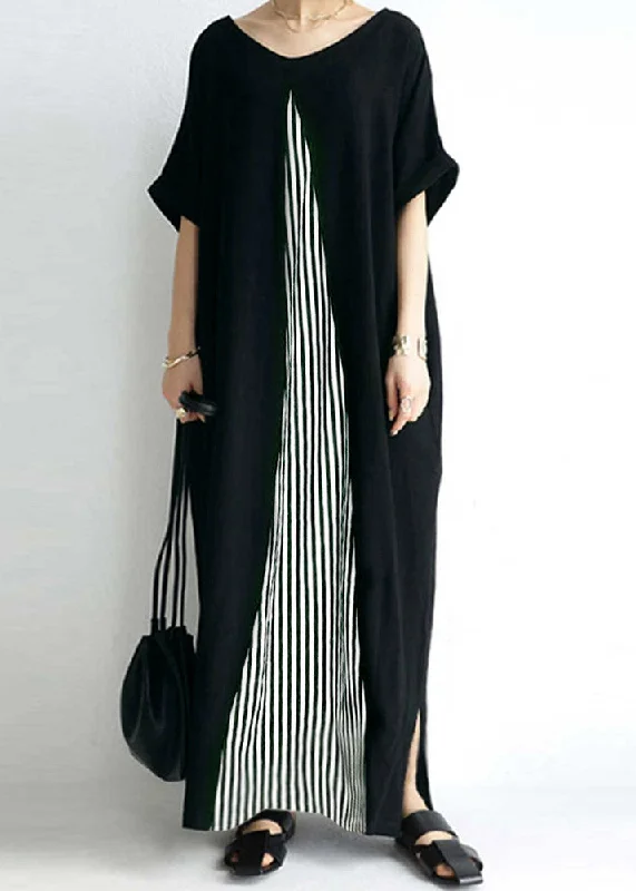 Fashion Essentials Casual Black O-Neck Striped Patchwork Cozy Maxi Dress Short Sleeve