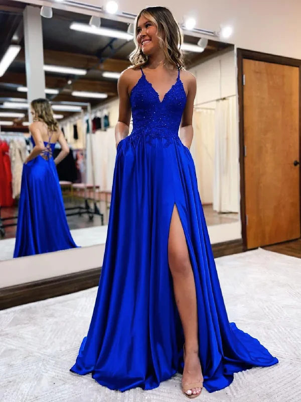 All Season Fashion Collection Blue v neck satin lace long prom dress, blue evening dress gh2442