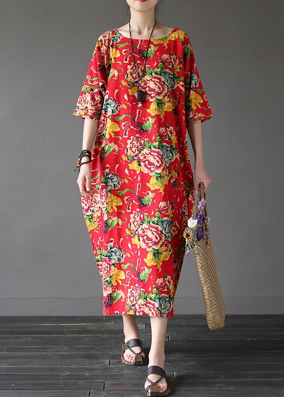 Budget-Friendly Fashion Unique Red O-Neck Print Holiday Cozy Maxi Dress Summer