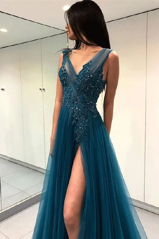 Wardrobe Refresh A Line V Neck Tulle Open Back Lace Beads Sleeveless Evening Prom Dresses gh2016