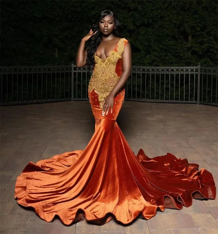 Fashion Forward Outfits Gold Crystal Orange Velvet Prom Dresses For Black Girls Rhinestone Elegant Graduation Dress African Wedding Dresses