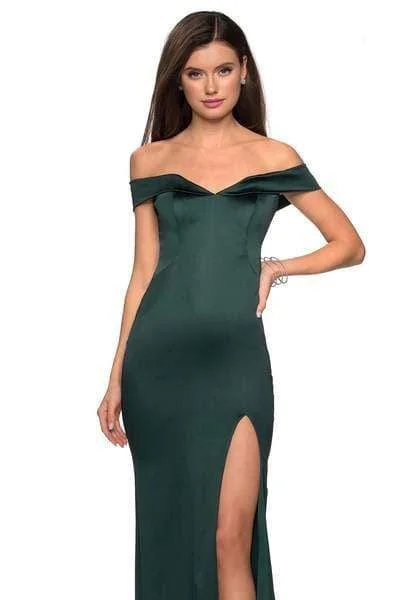 Casual Chic La Femme - Off Shoulder High Slit Long Fitted Satin Dress 27752