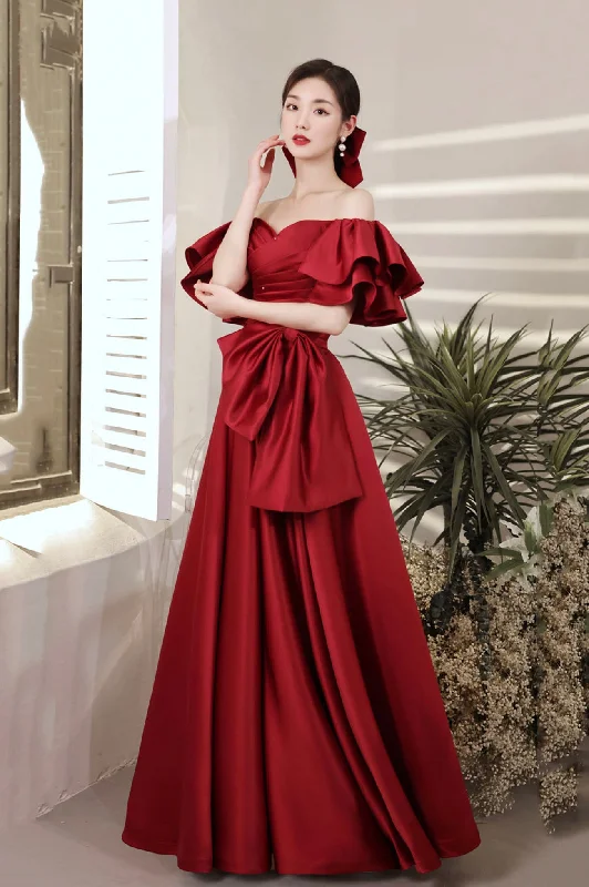 Modern Romance Burgundy satin long prom dress A line evening dress  10601